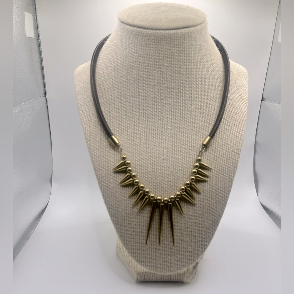 Vintage Women’s Tribal Gold and Brown Faux Leather Spike Statement Necklace